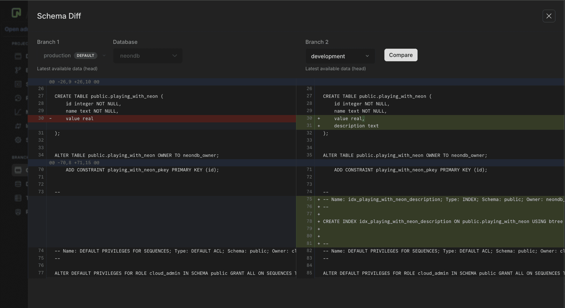 Schema diff from branches page