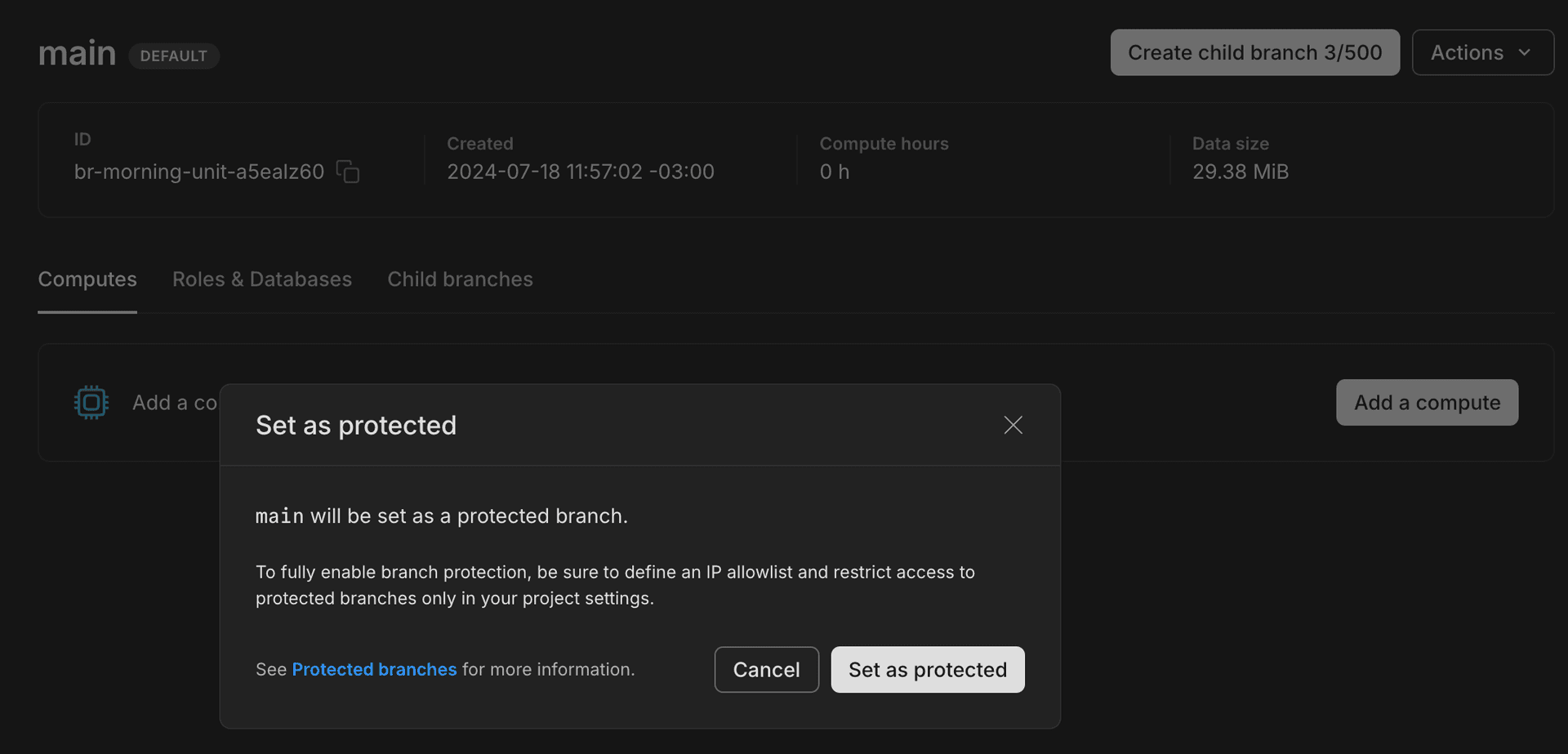 Set as protected confirmation