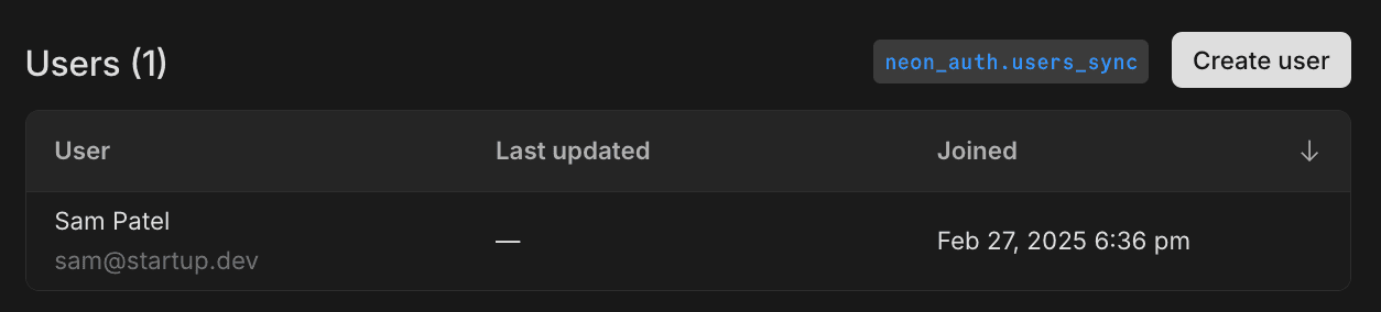 Create user in Neon Auth