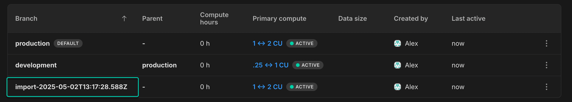 Branches page showing imported branch