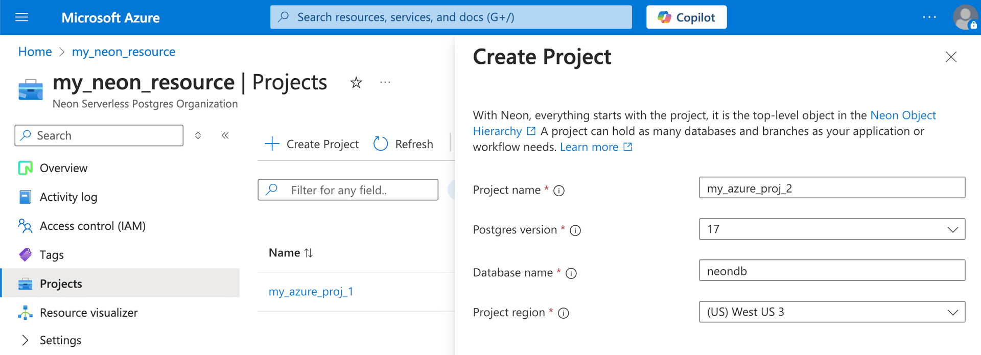 Azure project form
