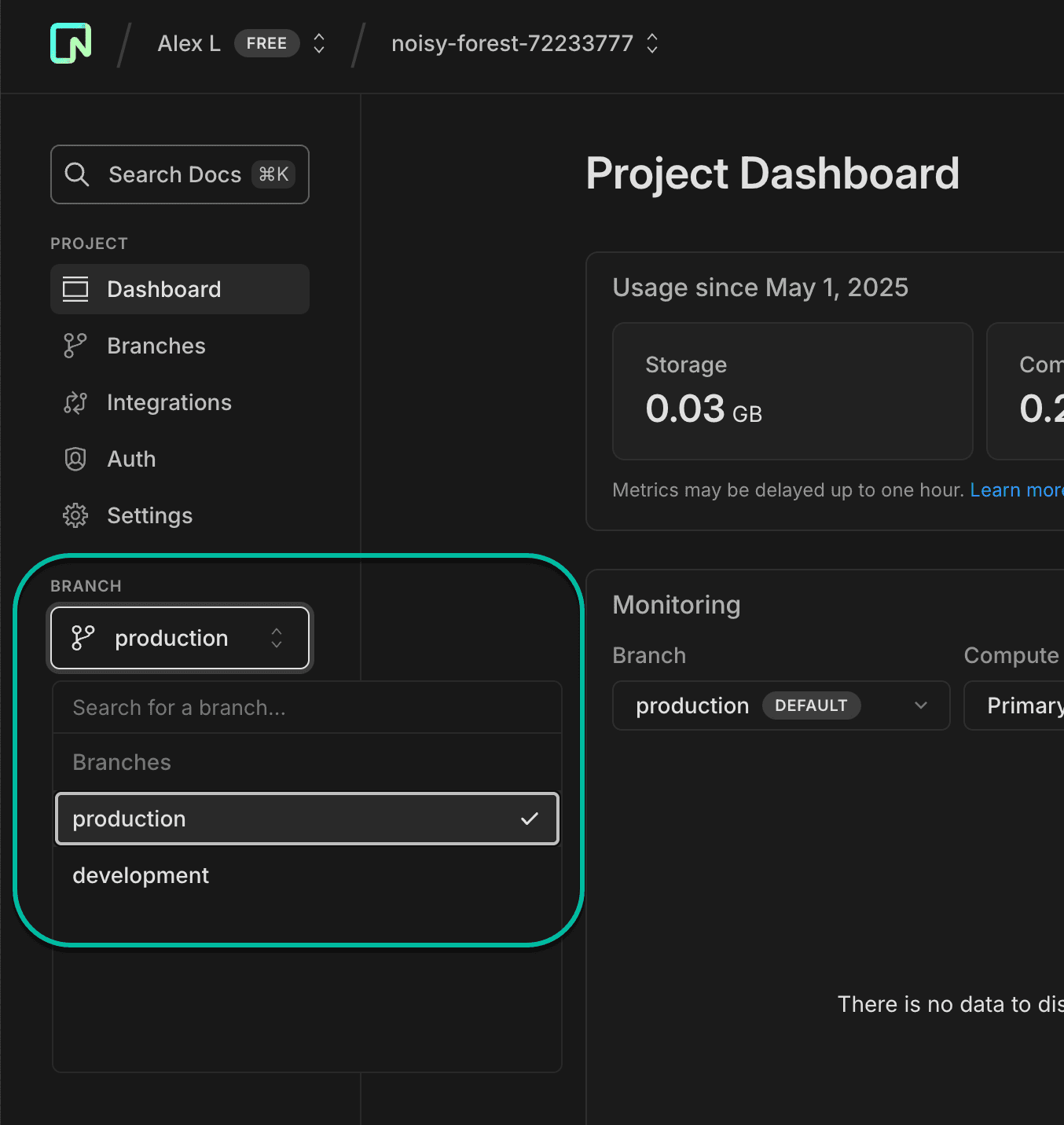 Branch selector in the sidebar